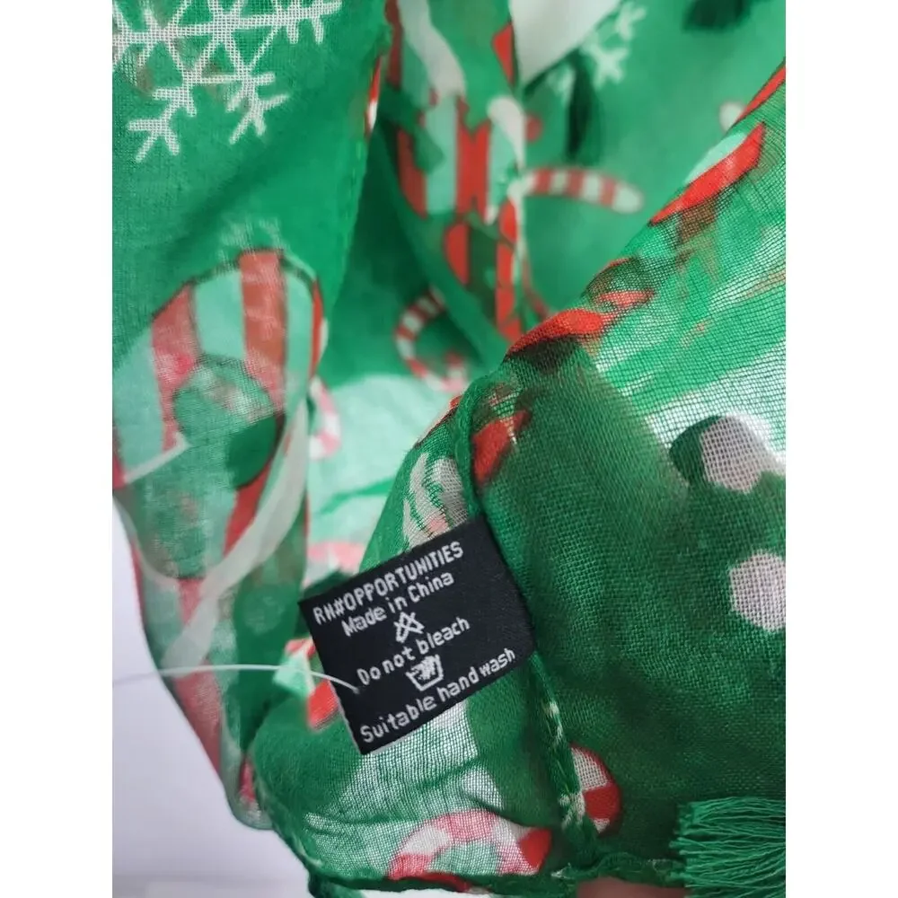 Womens Infinity Scarf‎ Green Candy Cane Snowflake Sheer 34x21 In Holiday